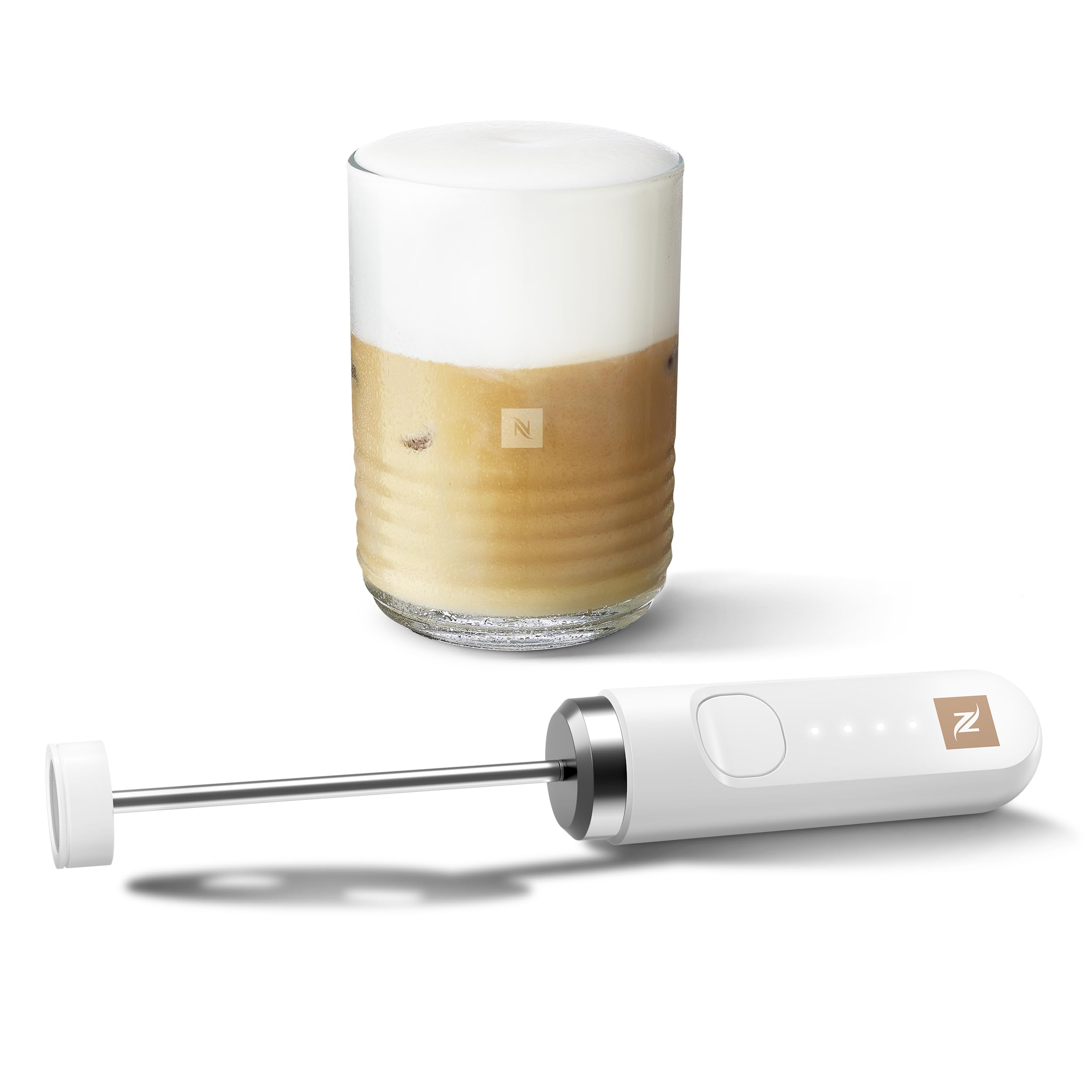 NESPRESSO NanoFoamer Stab-Milchaufschäumer Weiß | Wiederaufladbarer Stabmixer aus Edelstahl, USB‑C Akku & 2 Geschwindigkeitsstufen, für Latte, Cappuccino & Matcha