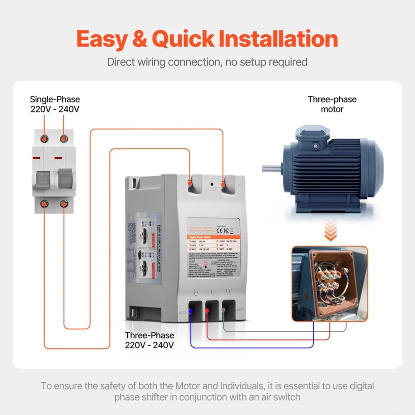 Digitaler Phasenumrichter 2HP 7A, Einphasig auf Dreiphasig 220V-240V Frequenzumrichter für Motoren, Kompakter Drehstromwandler mit Überlastschutz für Werkstatt und Gewerbe, Modell CPS-2HP
