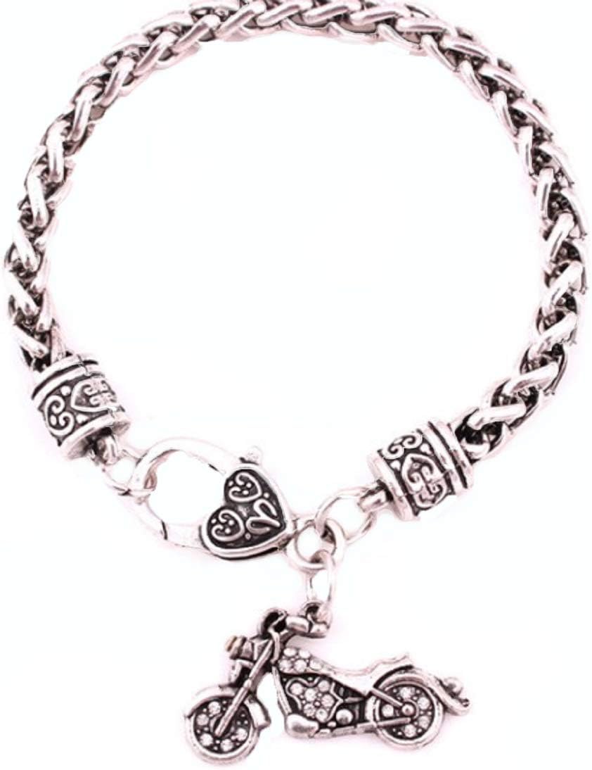 FTH Motorcycle Charm Bracelet is Embellished with Crystal Rhinestones.Heart Lobster Claw Clasp.Perfect for The Woman in Your Life who Loves Motorcycles or Riding on Yours: