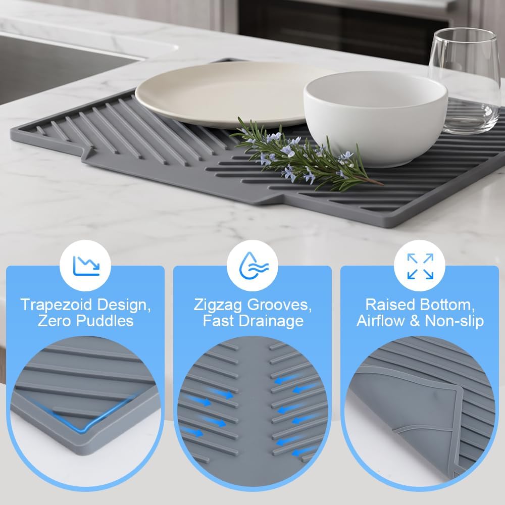 Silicone Dish Drying Mat - Extra Thick Kitchen Drain Pad, Non-Slip