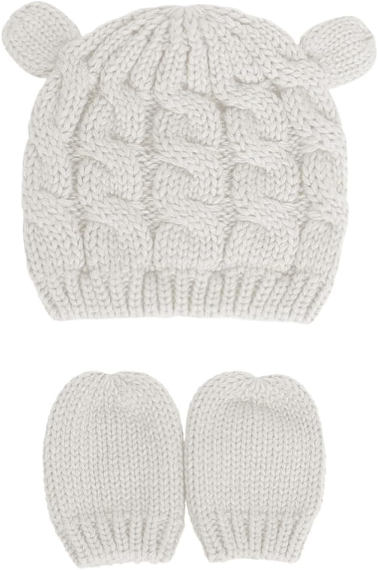 Kisangel Knitted Wool Hat and Gloves Set, Skin-Friendly Warm Winter Beanie for 3-6 Months, Soft Comfortable Classic Knitting Hat, Gift for Boys White