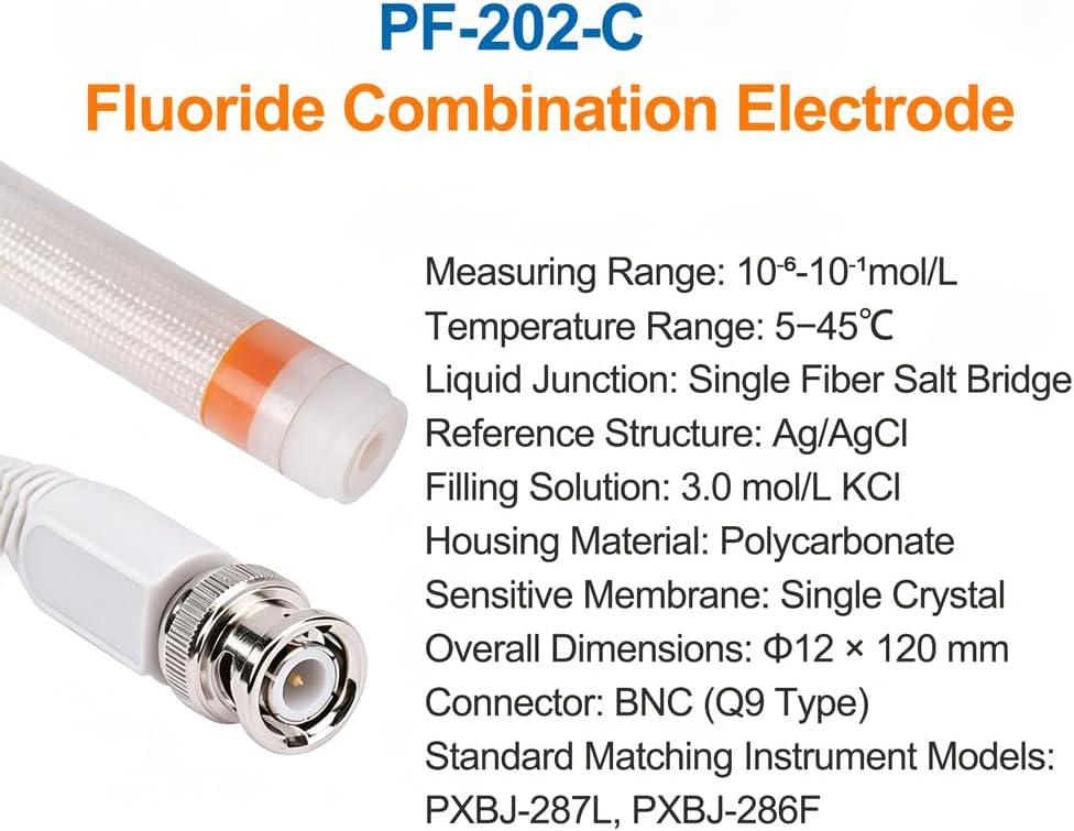 PF-202-C Fluoride Ion Combination Electrode, Refillable ISE Electrode with BNC Connector, for Lab Ion Meter