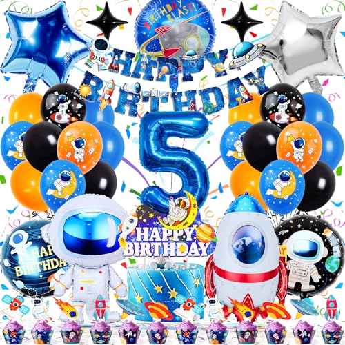 Zaztytoy Globos Astronauta Cumpleaños 5 Años – 44 Piezas Espacial Cumpleaños Decoracion con Banner Astronauta, Inserciones para Pasteles, Happy Birthday Decoracion para Cumpleaños Infantiles