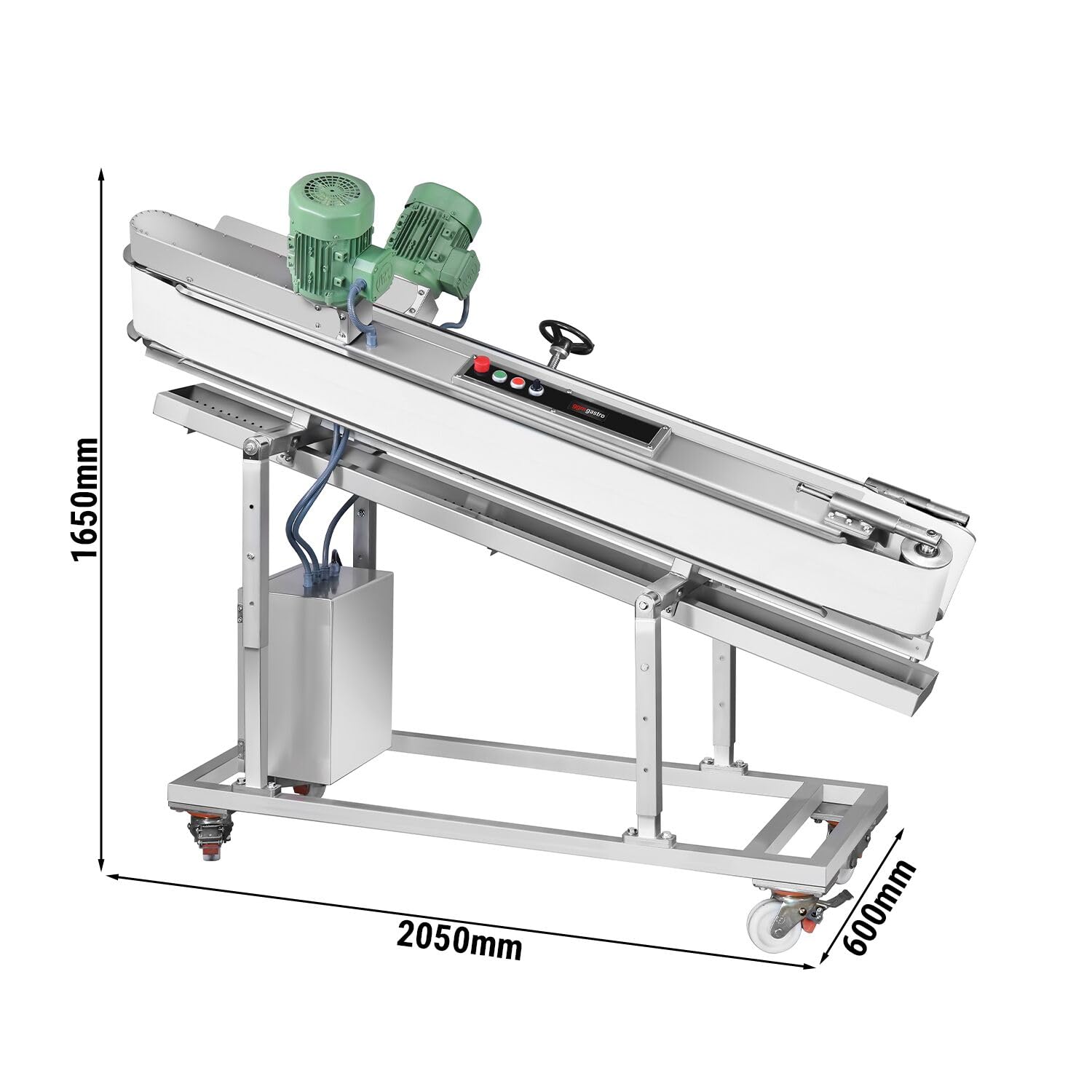 Diagram showing the dimensions of the GGM Gastro BTAMV dough rounder: 2050mm length, 600mm width, and 1650mm height.