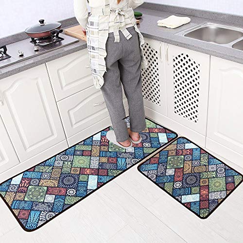 LEEBEI Tapis de Cuisine en Caoutchouc de Soutien décoratif Anti-dérapant paillasson Runner Area Mats Ensembles (Bohême, 15,7 × 23,6 Pouces + 15,7 × 47,2 Pouces) Cover