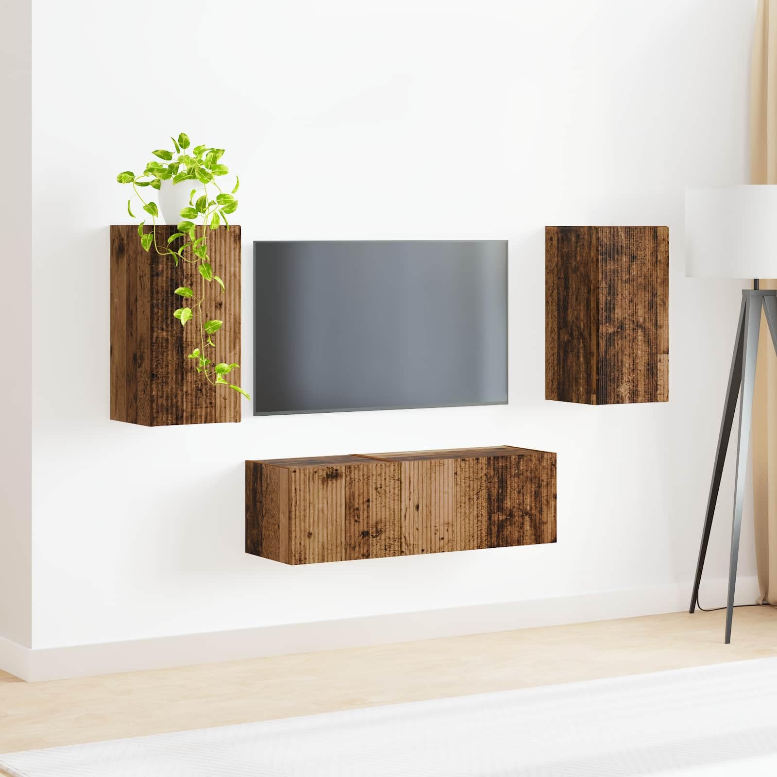 Set da 4 Mobili Porta TV a Parete in Legno Ingegnerizzato | Credenza sospesa per soggiorno con ante a ribalta 90 gradi e ripiani interni, ideale per riordinare console e DVD.