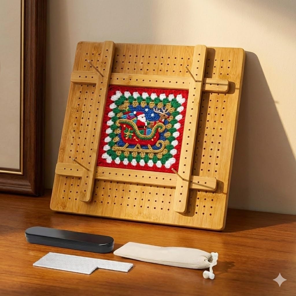 13”Crochet Blocking Board - Upgraded Style with 4 Tension Rods and 20 Pegs – Blocking Boards for Crochet Projects, Ideal for Granny Square Card Deck Users （Natural Colour）