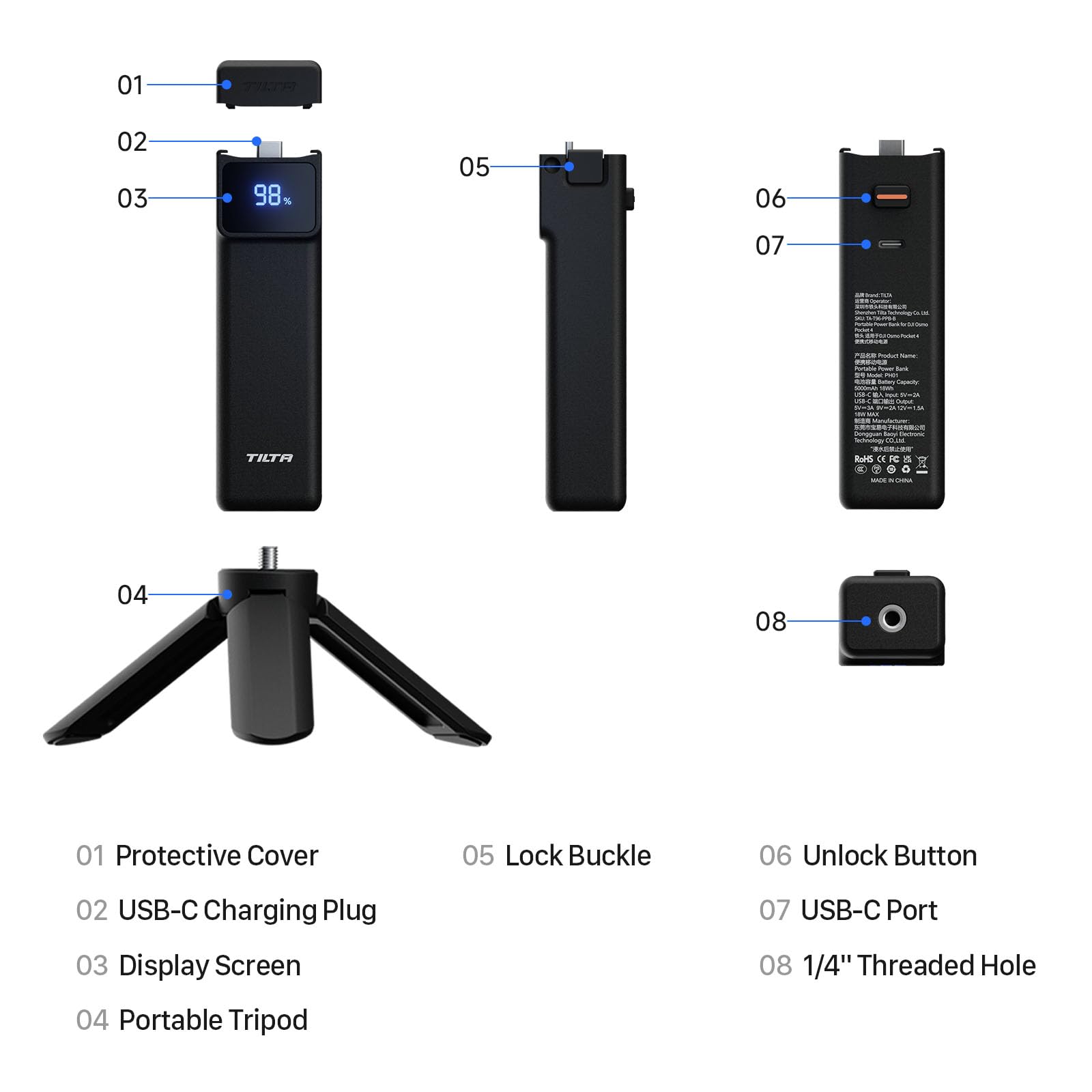 Tilta Pocket 4/3 Akkugriff für Dji osmo Pocket 4/3, 5000mAh Power bank, Power Grip mit USB-C-Ladung, 1/4"-Gewinde für Stativ/Selfie-Stick, Leicht und tragbar, Rutschfest, LED-Anzeige, TA-T96-PPB-B | LED-Smart-Display, USB-C-Ladung, mit Mini-Stativ, 0,6 cm