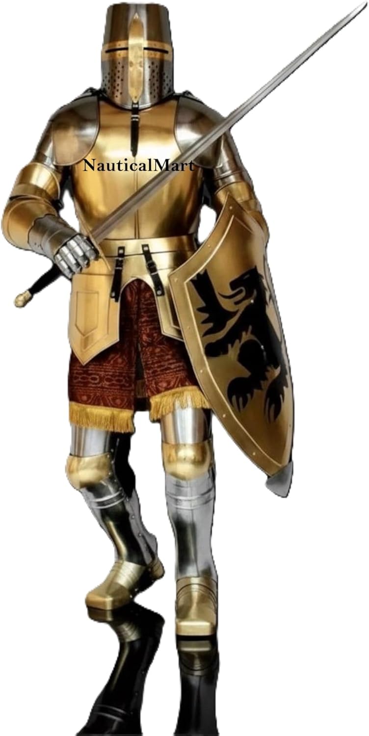 NauticalMart Medieval Knight Full Body Armor Suit – Wearable 18-Gauge Steel Templar Crusader Combat Armour Medieval Combat Full Body Armour Suit Halloween Brass Finish