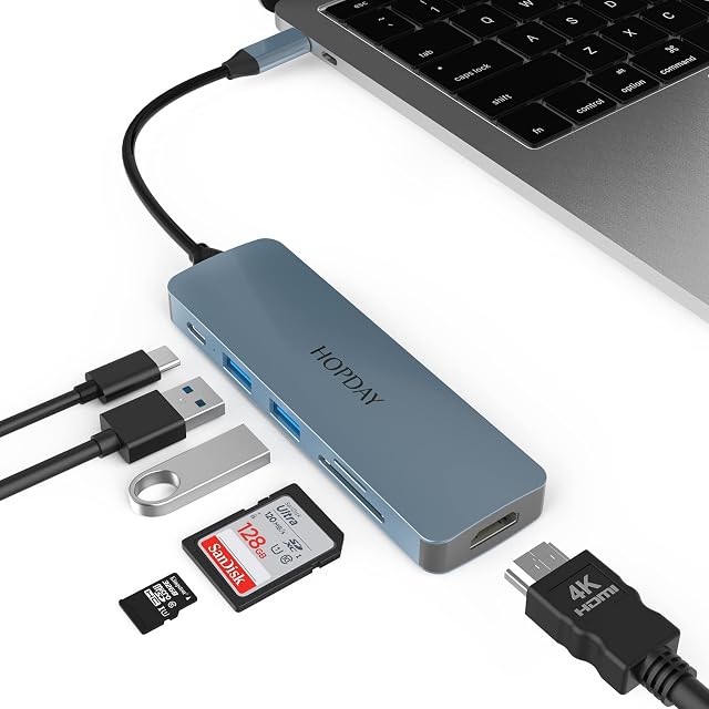 USB C Hub, HOPDAY 6 in 1 USB C Adapter with 4K HDMI Output, 2 USB 3.0, 100W PD, SD/TF Card Reader Compatible with Laptop, MacBook Pro/Air, Surface Pro 8 and Other Type C Devices