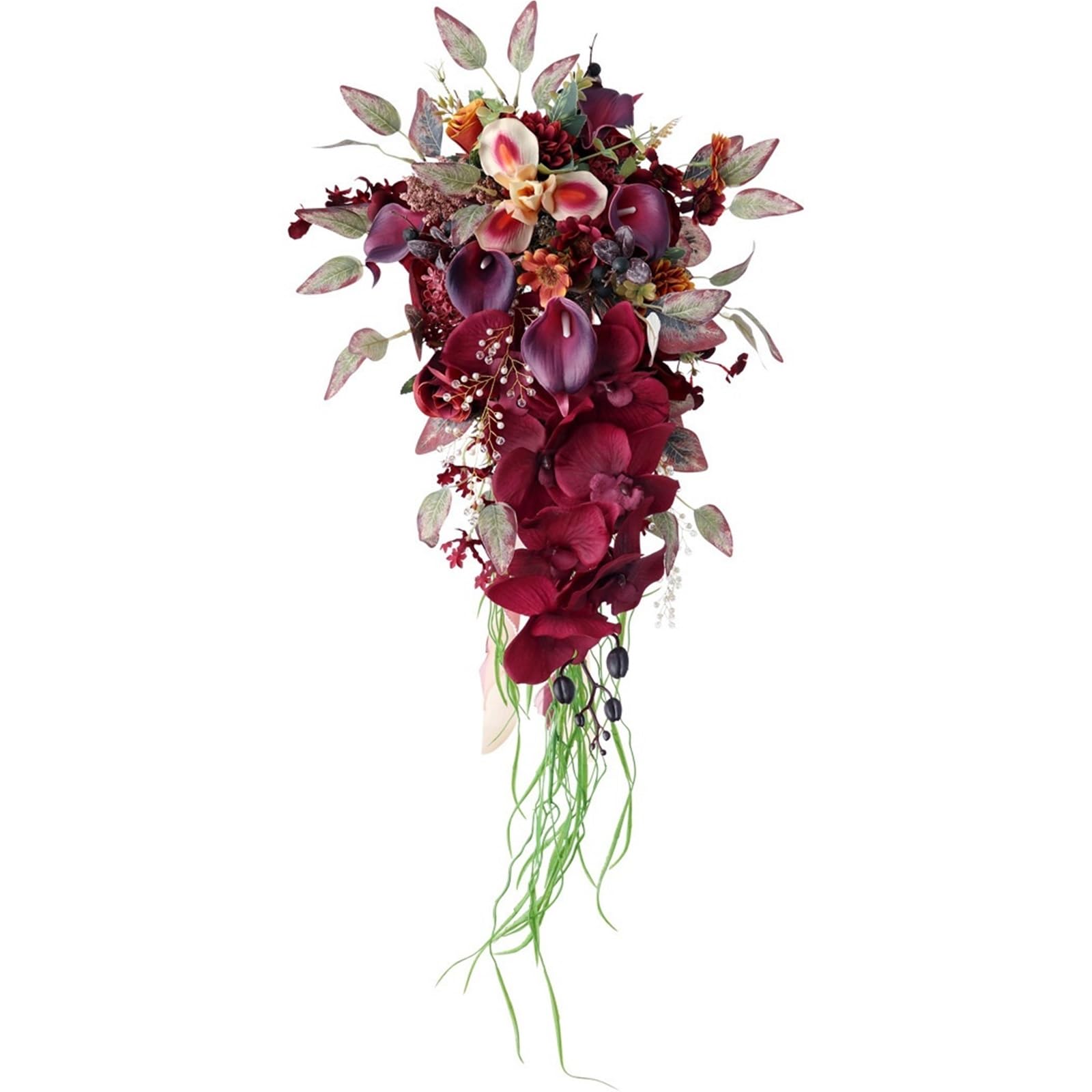 Bouquet de mariée en cascade violet et rouge pour une séance photo de mariage inoubliable