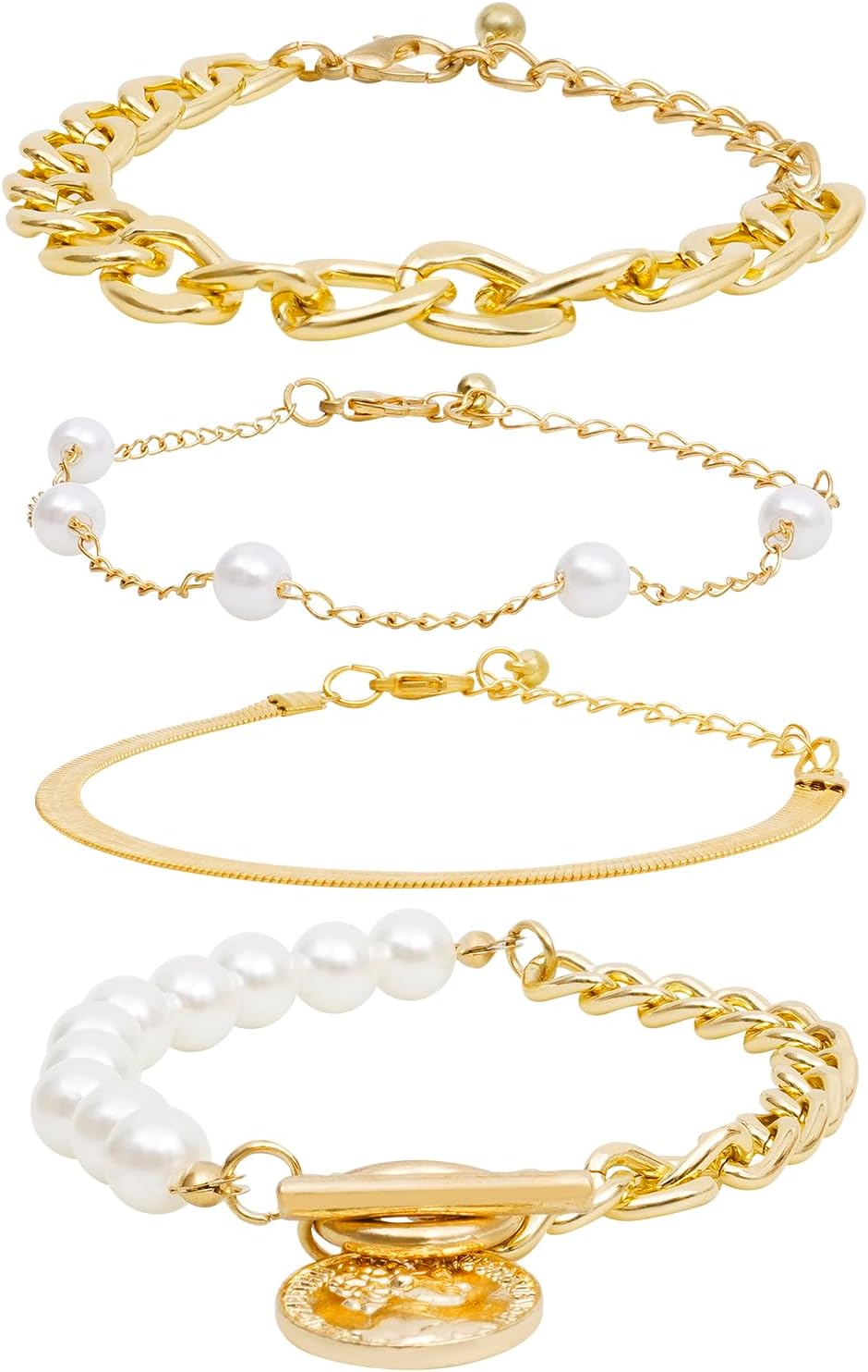 Gold Chunky Chain Bracelet for Women Charm Boho Bracelet for Women Flat Cable Chunky Chain Bangle Set of 4