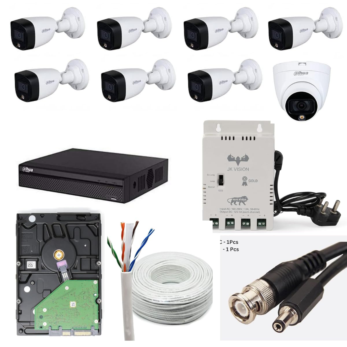 Dahua製 DVR/HITACHI製 FullHDネットワークカメラ セット Buy DAHUA 2MP with Color HD CCTV Camera Full Set, 7 Bullet, 1 Dome