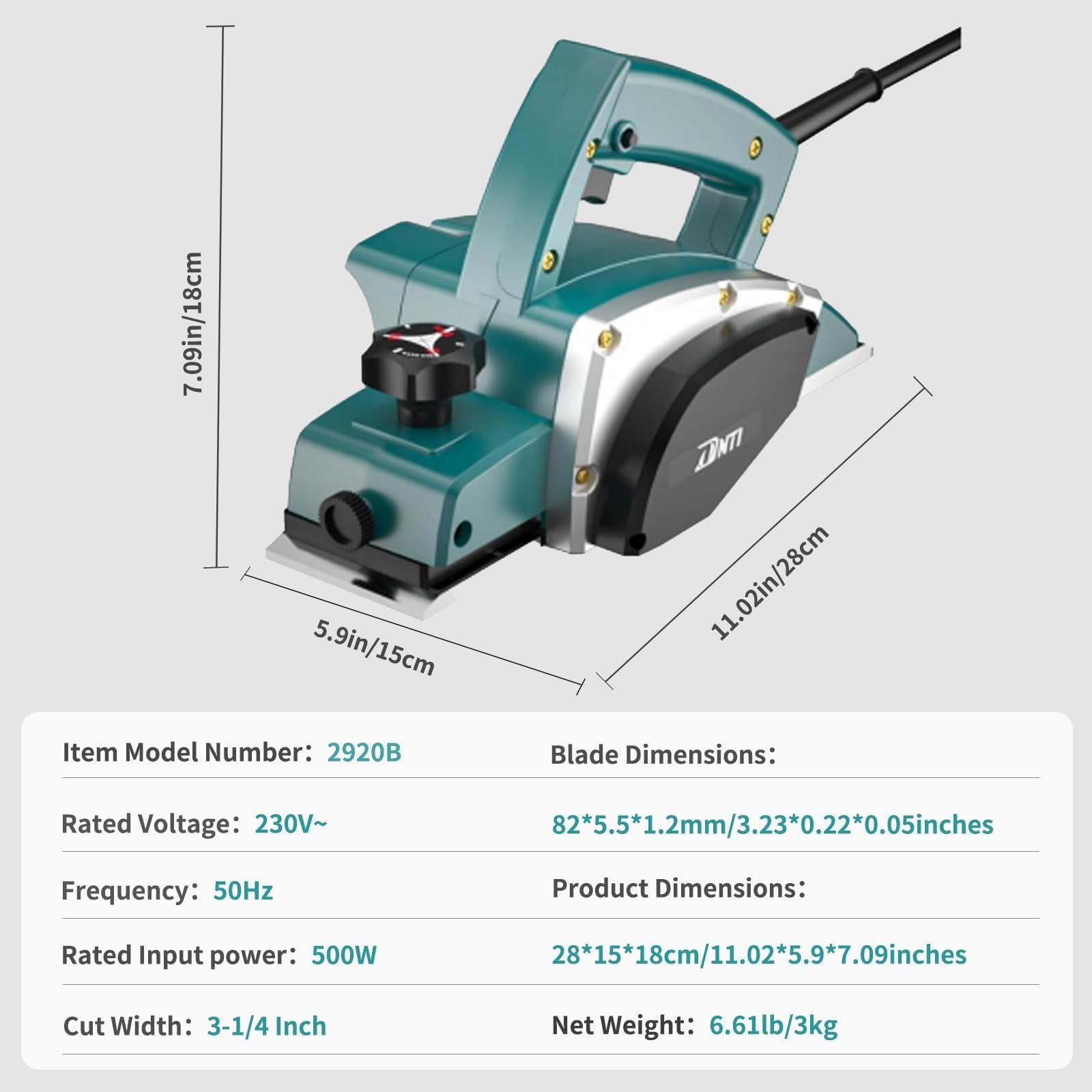 DNTI pialla elettrica per legno 220-240 V, Potenza 500 W, Giri Min. 16000, Largh. Pialla 82 Mm, Profondità Asportazione 1 Mm, per la Lavorazione del Legno, Rifilatura 2920B