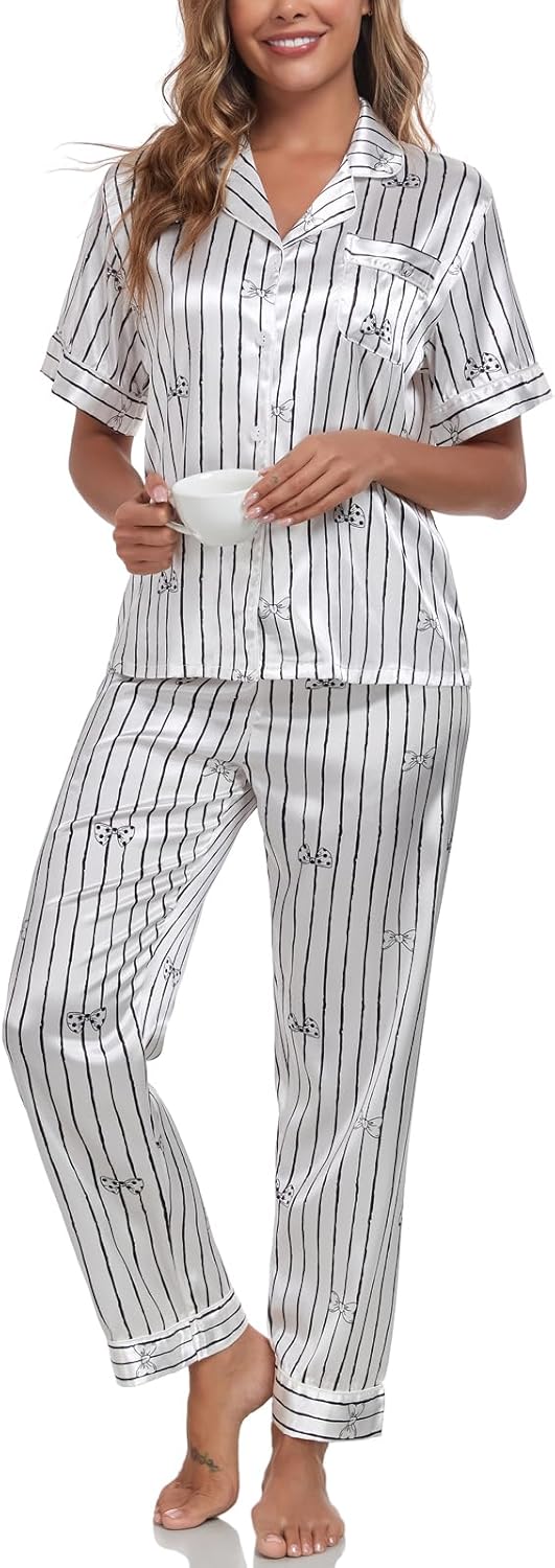 Silk Pajamas for Women Set Short Sleeve Sleepwear Button Down Shirt with Long Pants 2 Piece Striped Soft Pj Set - Image 5