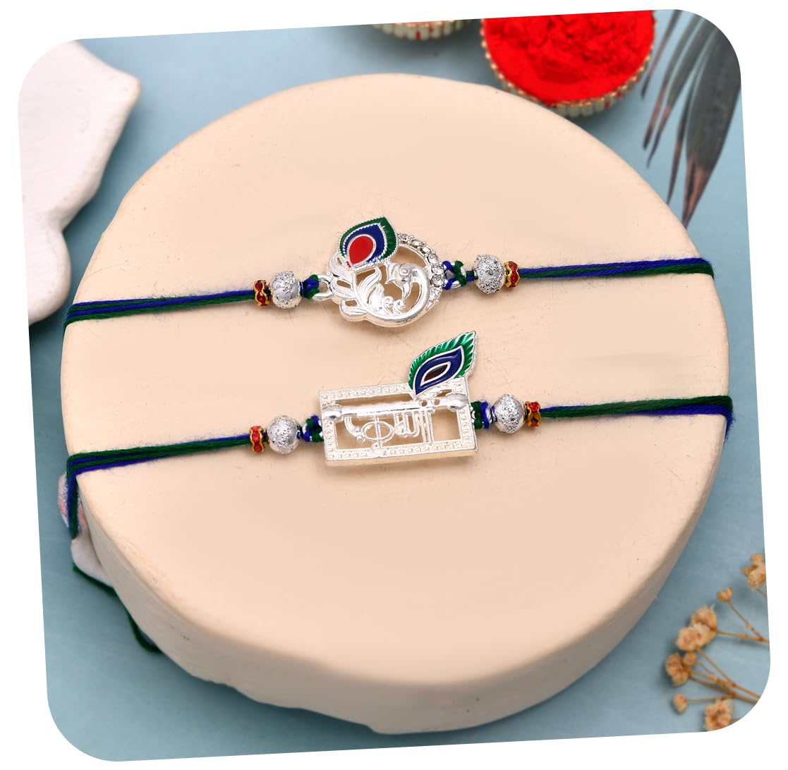 Silver Rakhi Set of 2 for Brother Boy - Krishna Peacock Rakhi for Bhaiya Bhabhi