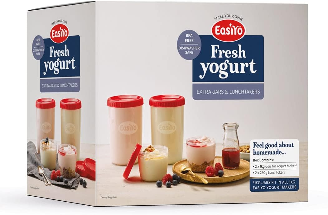 EasiYo Yogurt Storage Jar and Lunch Taker Containers, White With Red Lid