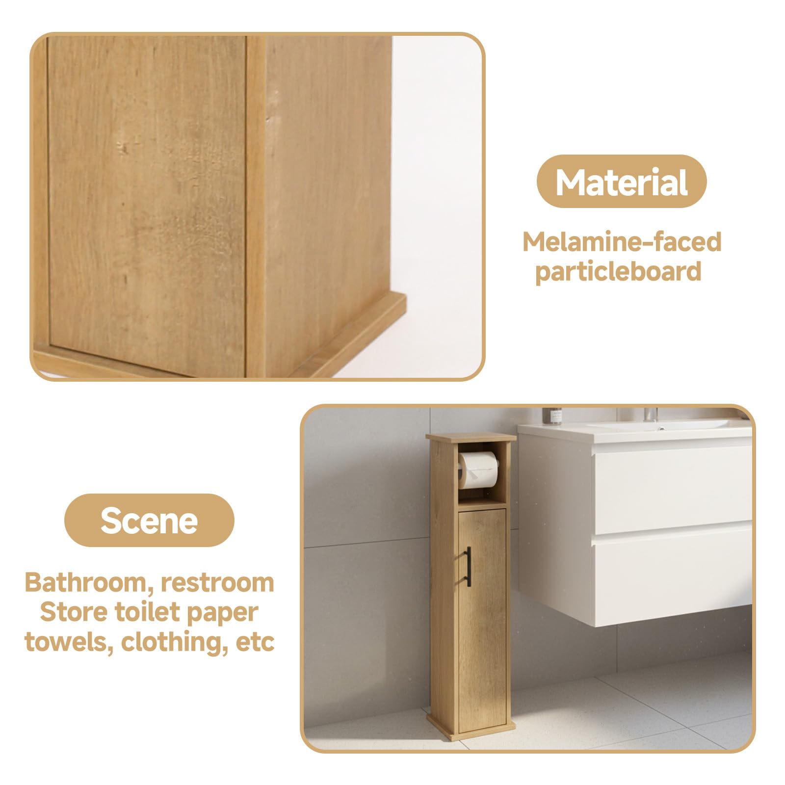 XZ-23014 Armario de Baño Alto y Estrecho con Compartimentos – Mueble Organizador para Papel Higiénico – Columna de Almacenaje 76,5 cm – Puerta con Manija Metálica – Color Roble