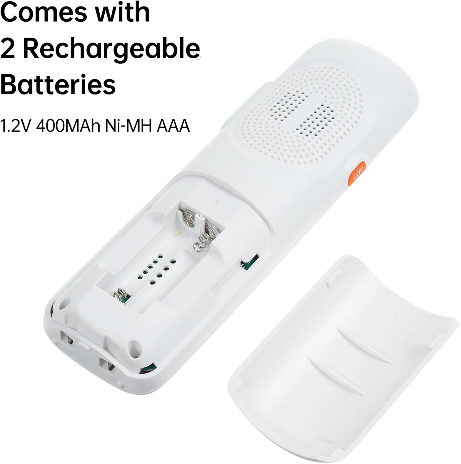 Open battery compartment of the cordless handset showing where to insert the two AAA rechargeable batteries.