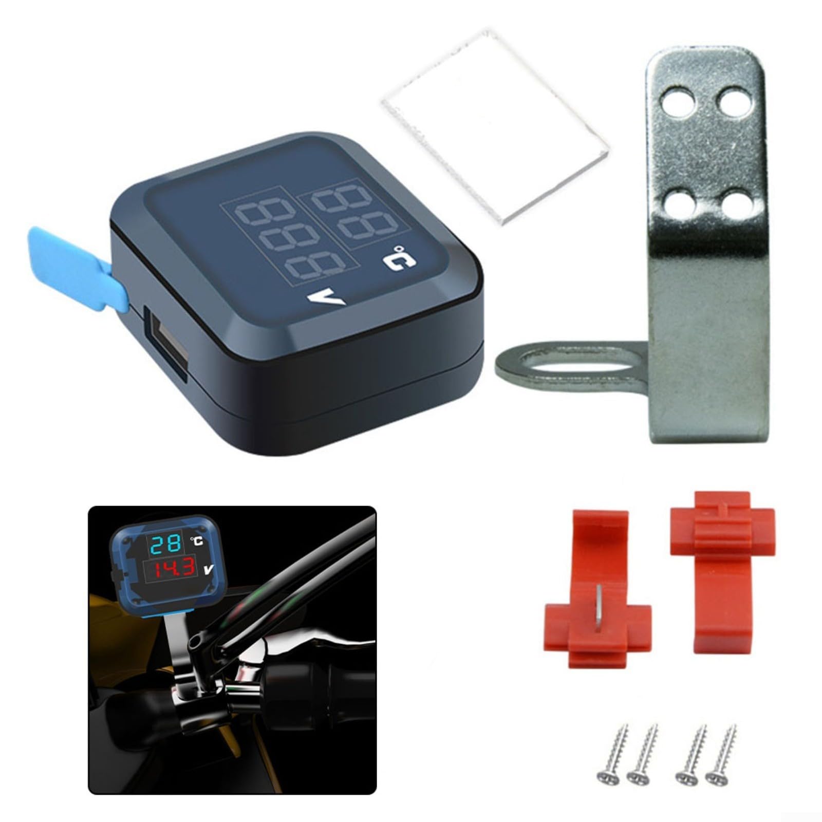 Termometro digitale voltmetro 3 in 1 per moto, con caricatore USB, indicatore di temperatura per manubrio per la maggior parte delle moto, blu-rosso
