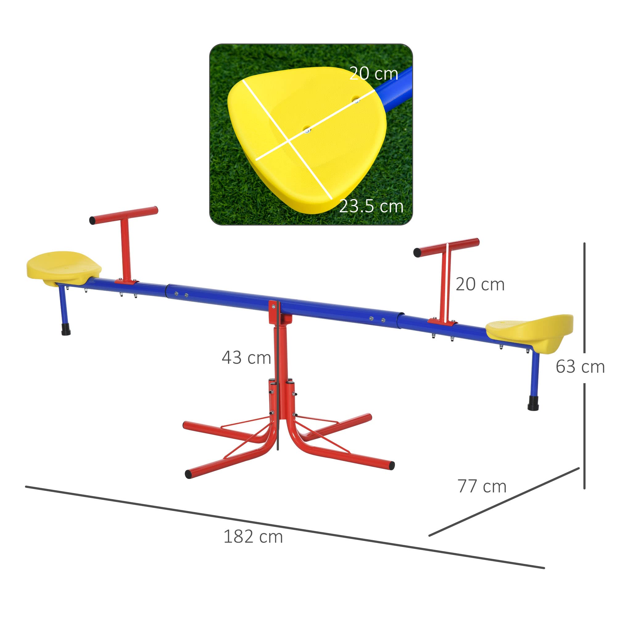 Outsunny Altalena per Bambini Doppia a Bilico Girevole a 360° in Metallo e PP, Età 3-8 Anni, 182x77x63cm Multicolore