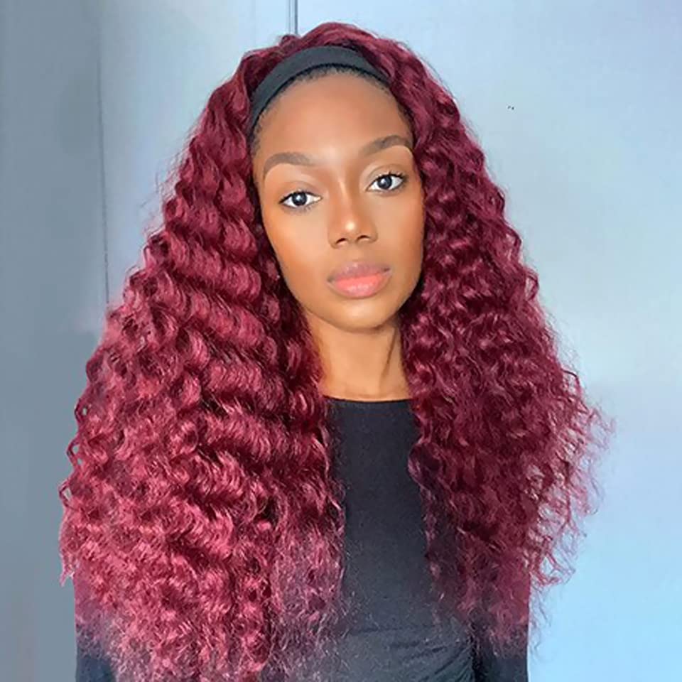 Image of XSY Headband Wig Human Hair 99J Burgundy Deep Wave Headband Wig 16 Inch Red Colored Curly Headband Wig Glueless No Lace Front Wig Brazilian Virgin Human Hair Wigs for Black Women 150% Density