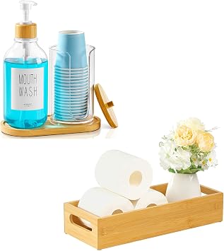 VITVITI Bamboo Bathroom Tray Mouthwash Dispenser Toilet Tank Paper Holder Basket Mouth Wash Pump Bottle with Paper Cup Holder