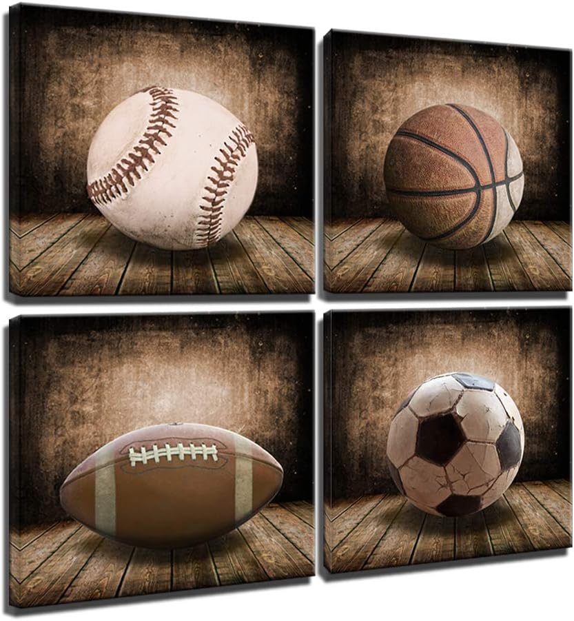 Rustic Soccer Football Baseball Basketball on Vintage Wood Grain Floor Fine Art Prints Sports Decor Soccer Nursery for Kids Boy Room Decoration,Framed (Vintage, 12x12inchx4pcs (30x30cmx4pcs))