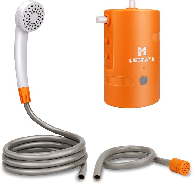 LIEBMAYA Przenośny prysznic zewnętrzny, 4400 mAh zasilana baterią pompa ładowana przez USB, ręczna głowica prysznicowa, do użytku na zewnątrz, na kempingu, do wędrówek, podróży, IPX7
