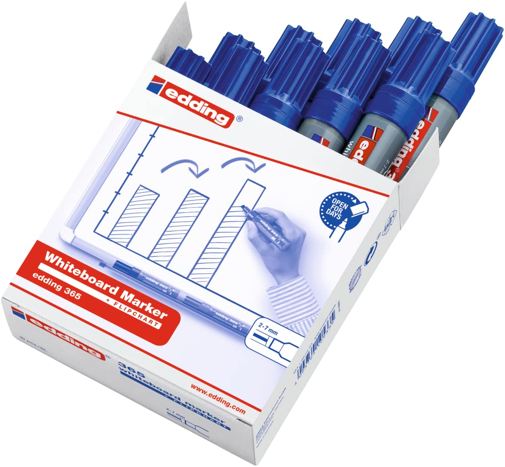 edding 365 Whiteboardmarker - blau - 10 Whiteboard Stifte - Keilspitze 2-7 mm - für Whiteboard, Glas, Schreibtafel, Flipchart - trocken und rückstandsfrei abwischbar, trocknet nicht aus
