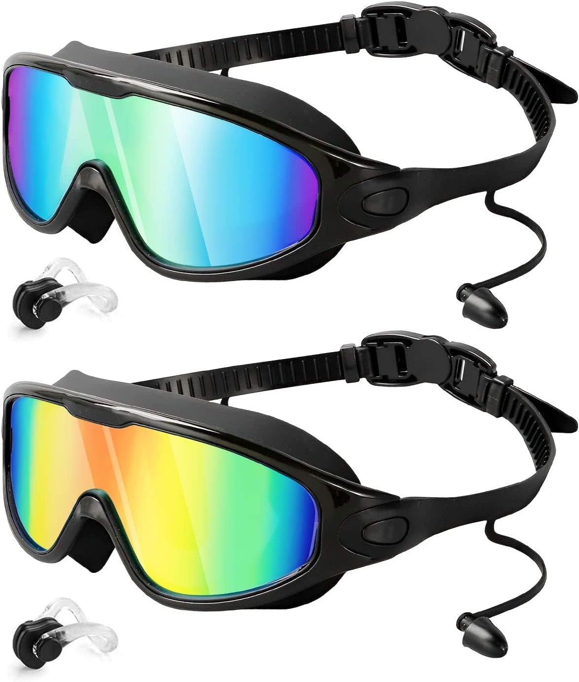 Swimming Goggles (2 pairs) Nose Clip (2 pieces) 180° Panoramic/Anti-fog/Shatterproof/UV-proof/Leak-proof Swimming Goggles, Adjustable Buckle, Comfortable Nose Bridge, Adult Unisex, Blue and Orange