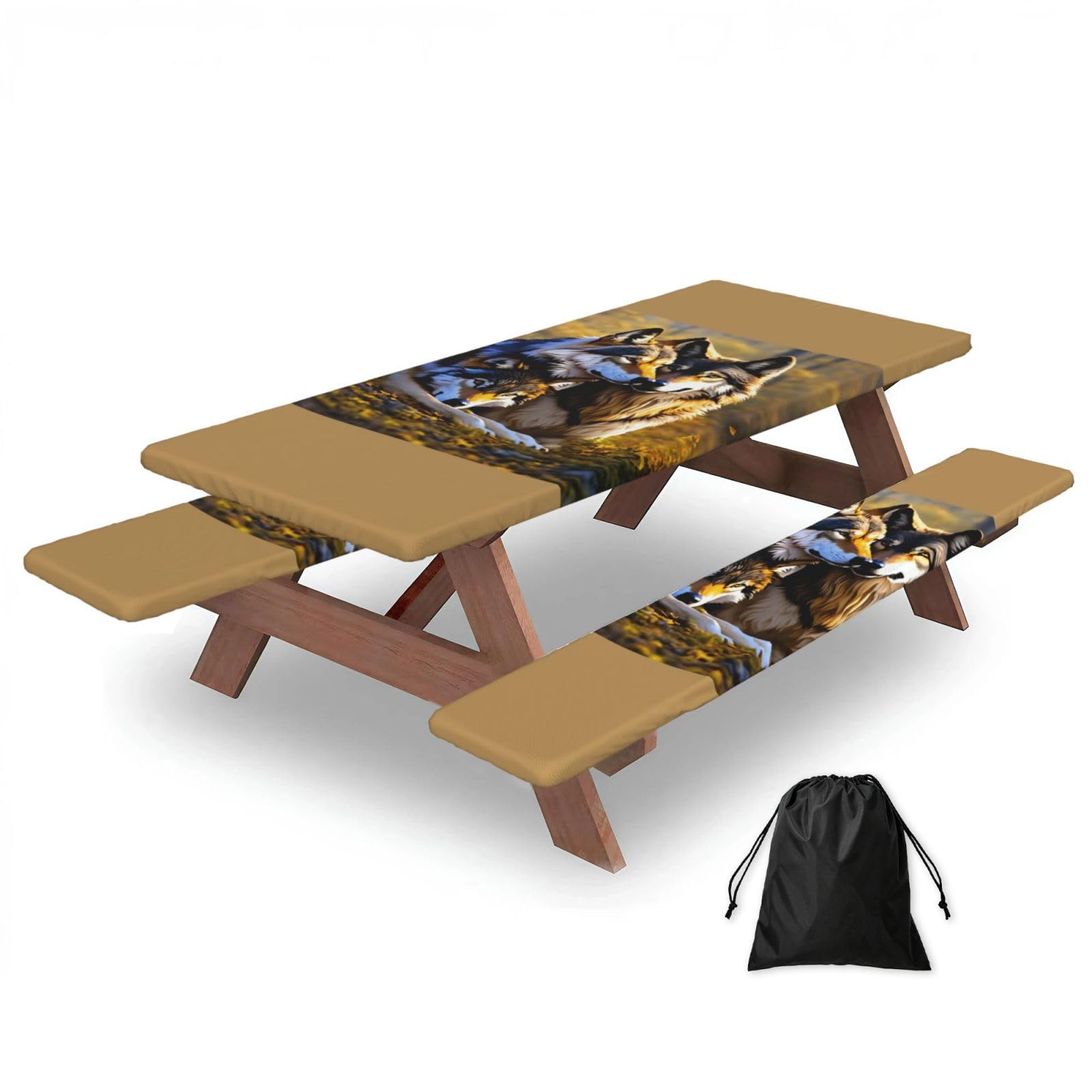 PPHGUT Wolfs Print Picnic Table Bench Cover Set Outdoor Garden Bbq Protector For Family Camping