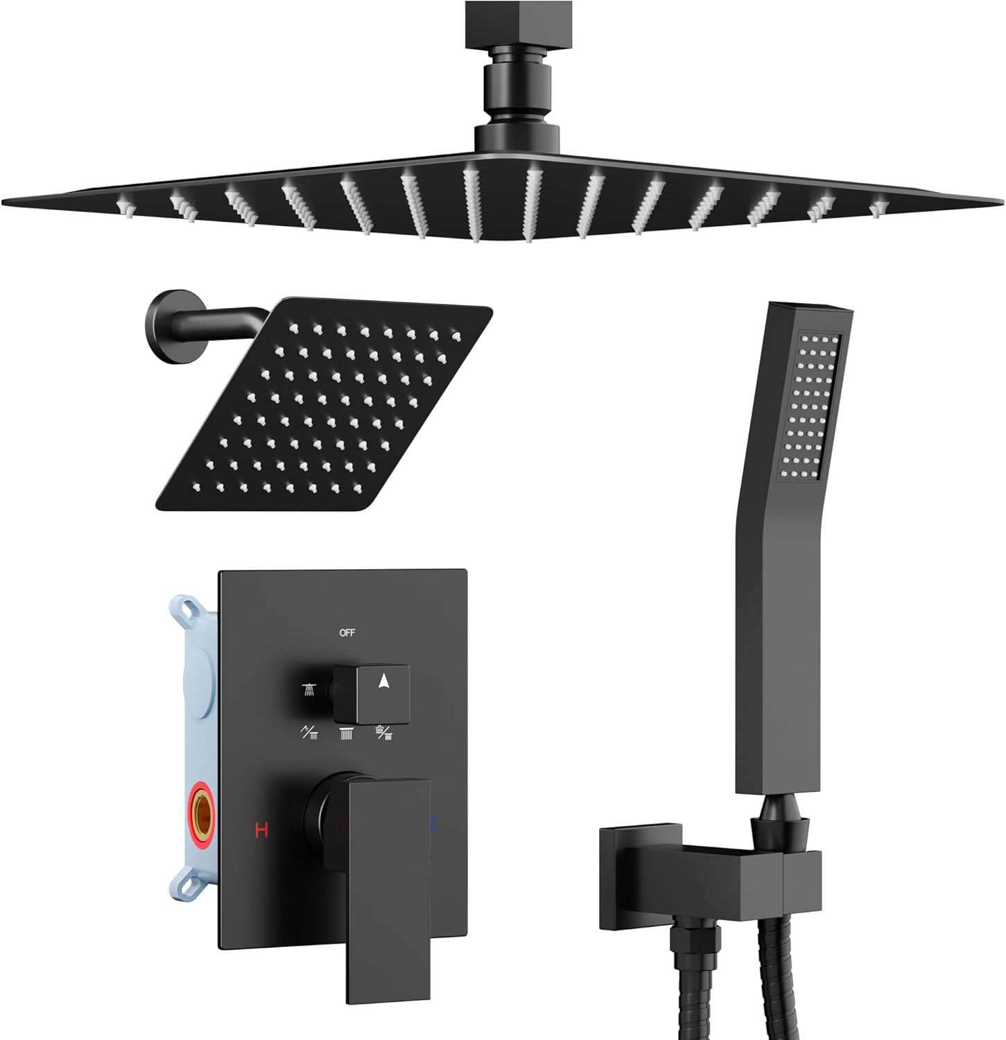 Shower faucet set with dual rain heads and handheld spray