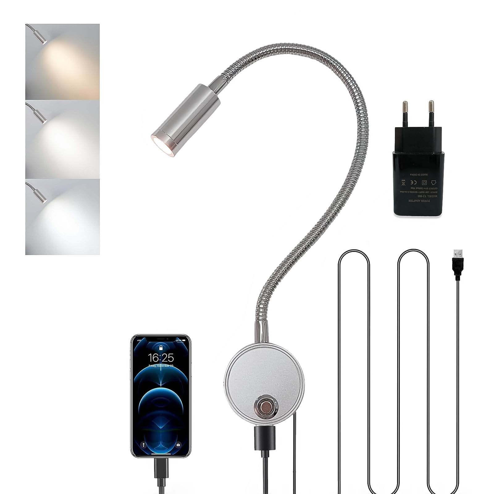Lampada Da Parete AWEKLIY LED - Collo Di Cigno, Luce Lettura E Atmosfera, Ricarica USB, Nero - Foto 8