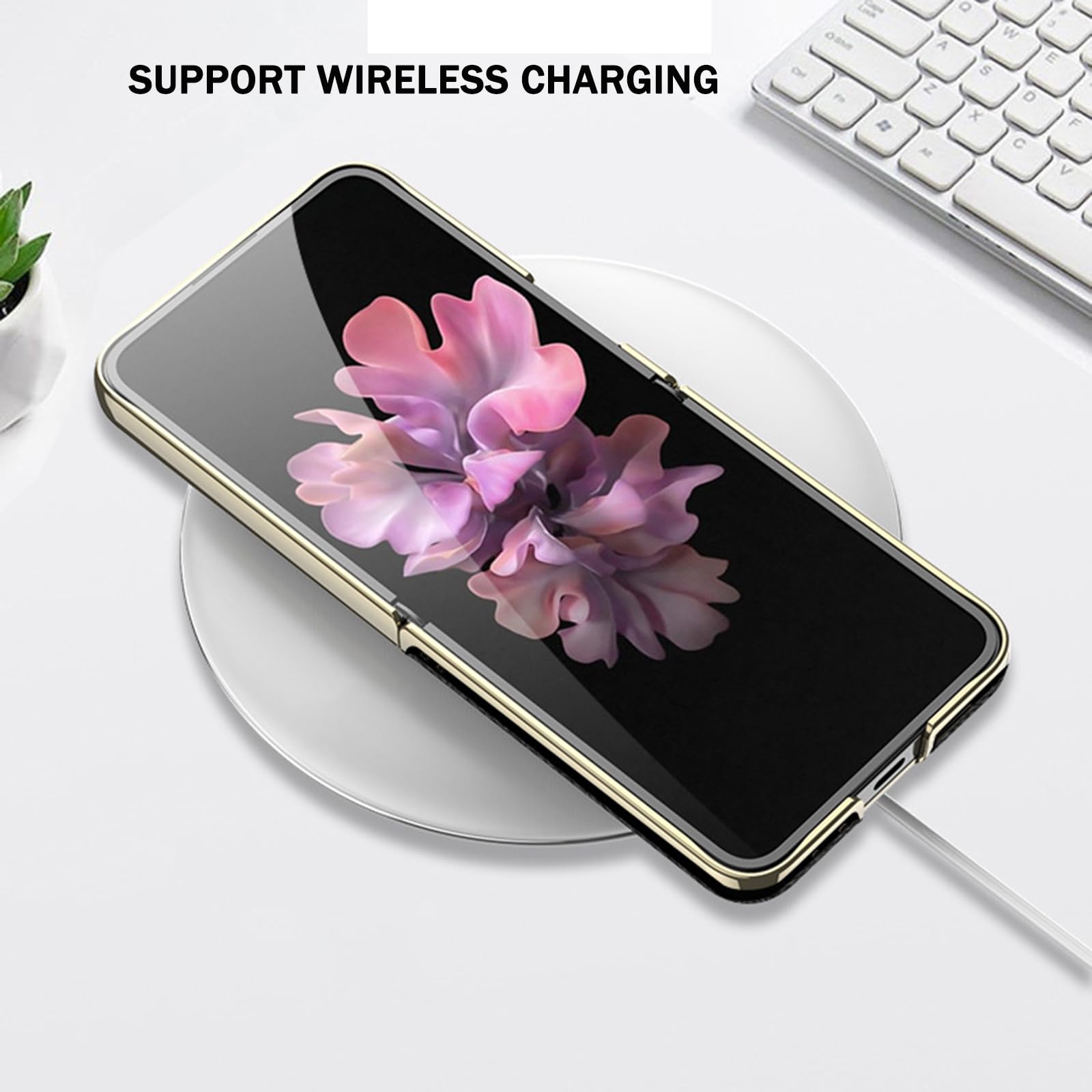 Etui do Samsung Galaxy Z Flip 7, luksusowe galwanizowane skórzane etui ochronne z osłoną ekranu, bezprzewodowe ładowanie, czarny, Flip 7