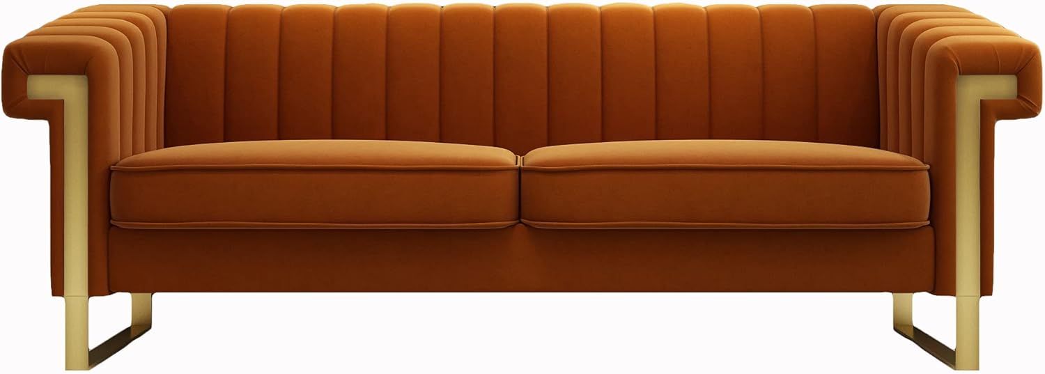 84 Inch Chesterfield Sofa, Mid-Century Modern Velvet Couch Sofa with Curved Arm and Gold Leg, Comfy Tufted Upholstered Large 3 Seater Couch with Removable Seat Cushion for Living Room, Orange
