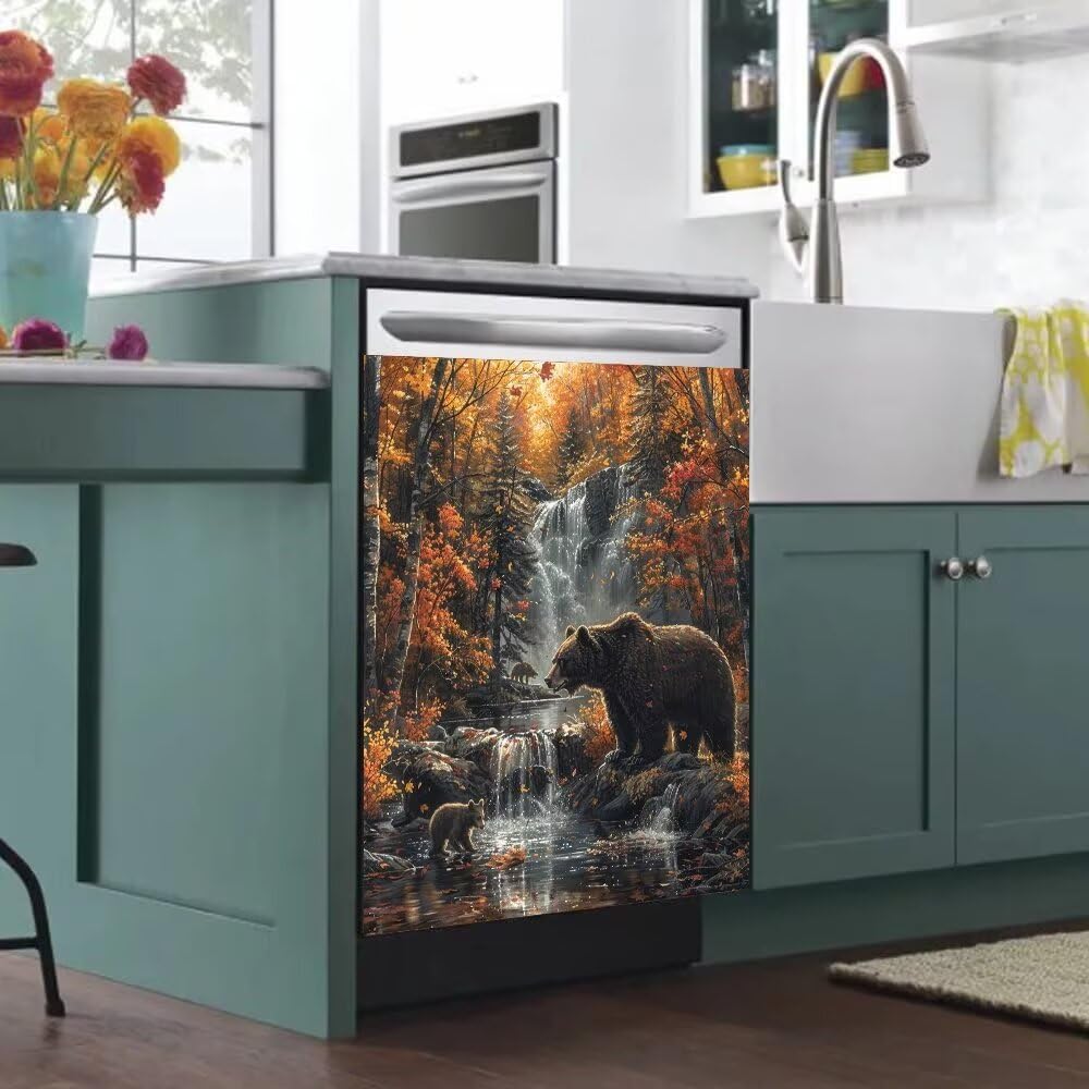 Generic Waterfall Maple Leaf and Black Bear Magnet Dishwasher Door Cover, Animal Decorative Cover Sticker Home Kitchen Decor, Black Bear Refrigerator Door Decal 23x26 Inch Magnetic
