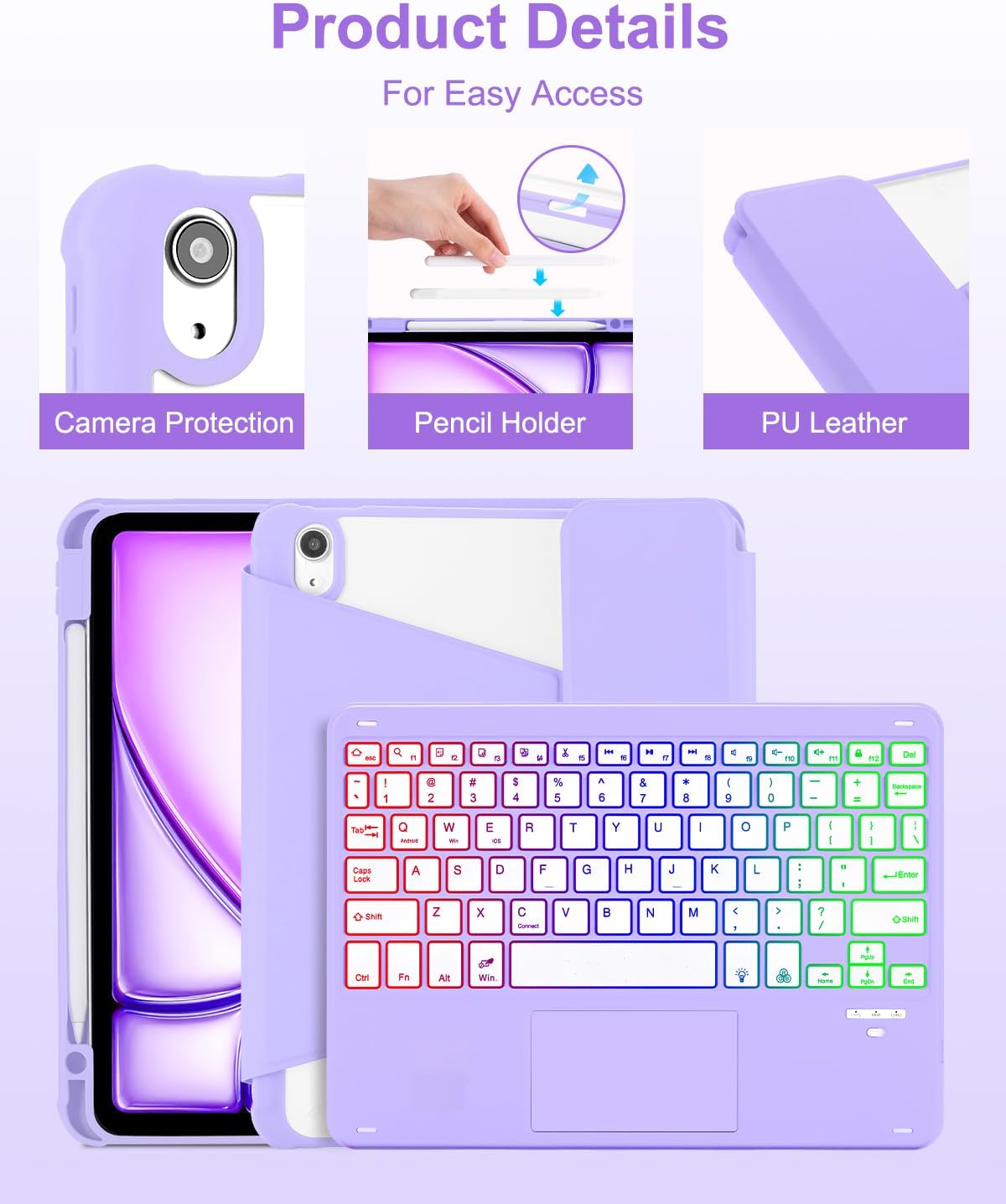 Touchpad Keyboard Case for iPad Air 11 inch M3 2025/M2 2024 7th/6th Generation, 360 Rotation Cover with Wireless Backlit Detachable Keypad for Air 10.9" 5th 4th 4 5 6 7 Gen, Purple - Image 7