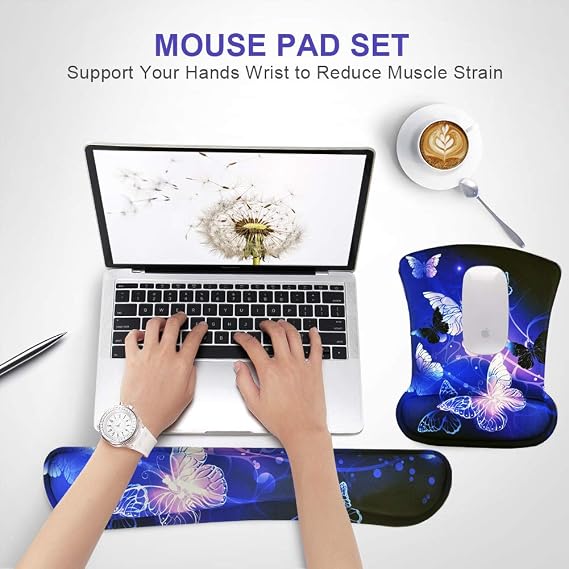 Mouse Pad with Wrist Support and Keyboard Wrist Rest Pad Set,Ergonomic Mouse Pads for Computers Laptop,Non-Slip Comfortable Mousepad w/Raised Memory Foam for Easy Typing & Pain Relief (Arts Butterfly)