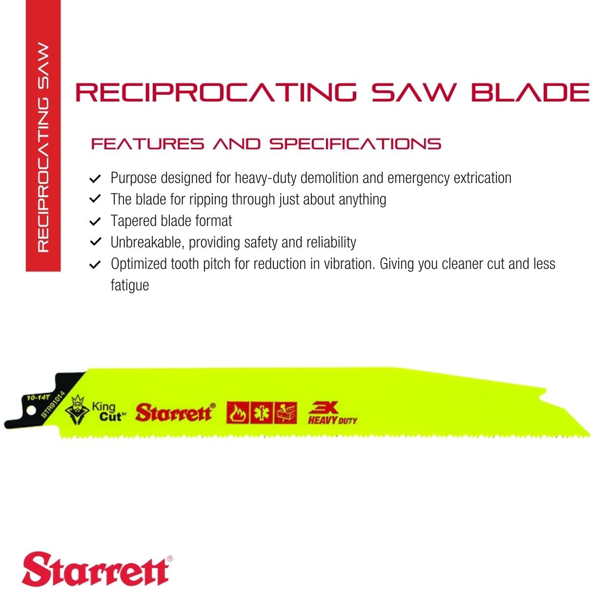 Starrett Bi-Metal King Cut Fire Rescue and Demolition Reciprocating Saw Blade - 9" Length, 1" Width, 0.63" Thickness, Tapered Blade, 10-14 TPI - 20-Pack - BTR91014-20