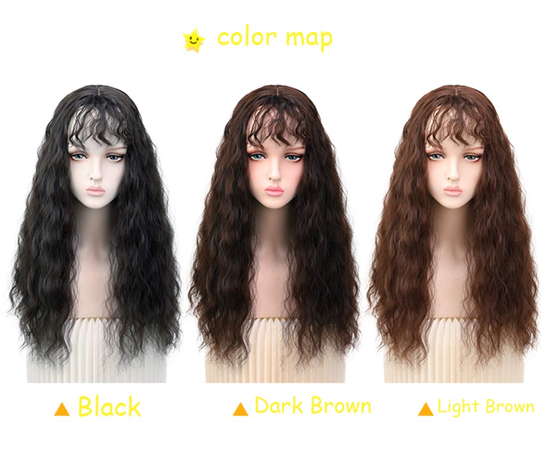 24" Long Sexy Curly Synthetic Crown Toppers with Bangs for Women Clip in Hairpieces, Black