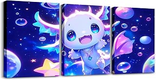 Cute Axolotl Painting Cartoon Salamander Canvas Wall Art for Living Room Bedroom 12"x16"x3pcs Kawaii Ocean Sealife Office Decorations Artwork Posters for Women Men Room Decor Soft Outer Space Galaxy
