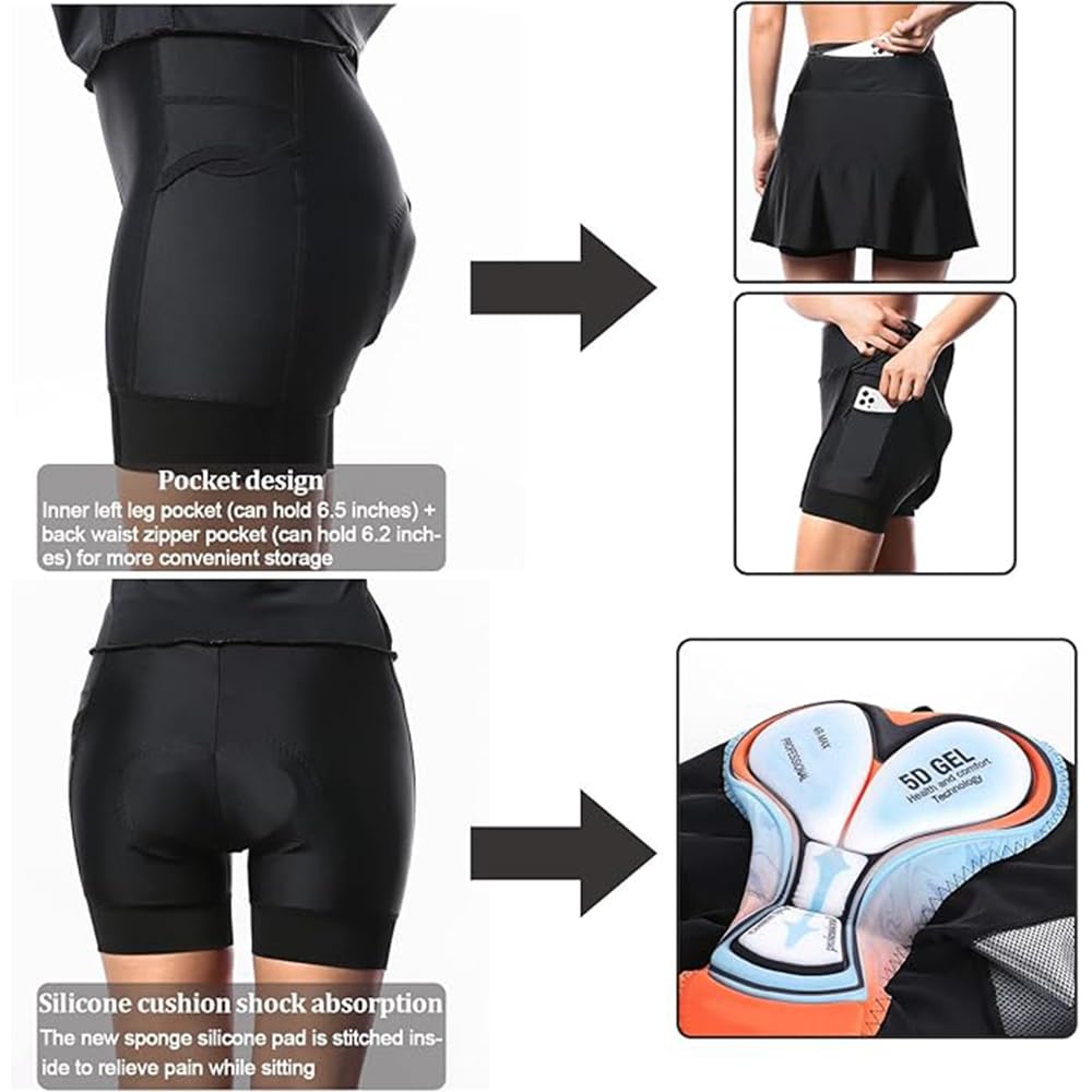 Elastizität 2 In 1 Fahrradrock Damen Fahrradhose Leichtgewicht Fahrrad Frauen Hosenrock Elegant Radlerhose Mit Hose, Hohe Taille Fahrradhose Radrock Outdoor Sportrock Skirt Mit Taschen