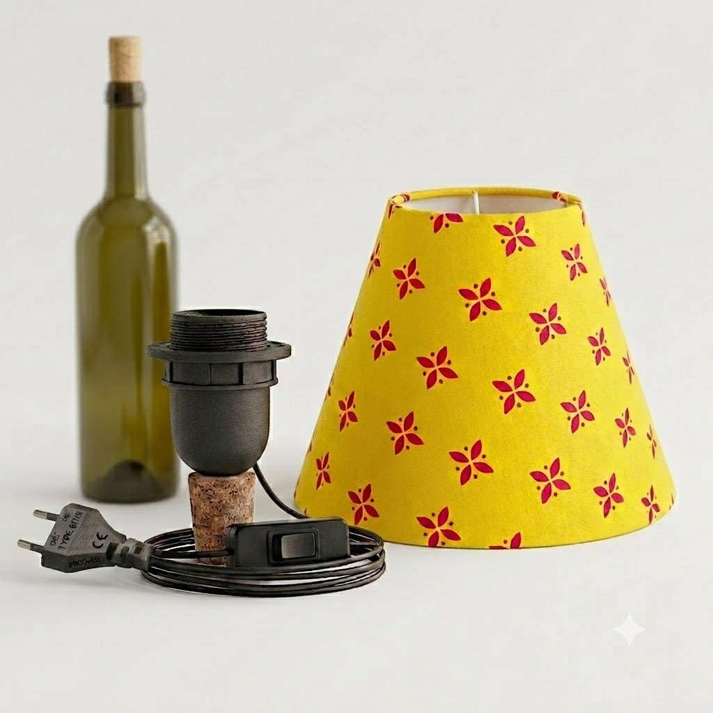 Woodooz Home Decor ® bottle lamp shade with lamp kit to upcycle old wine bottles to table lamp | Plug and play cork stopper lamp kit with lamp shade (Red Motif, 8 in dia lampshade)-image-41