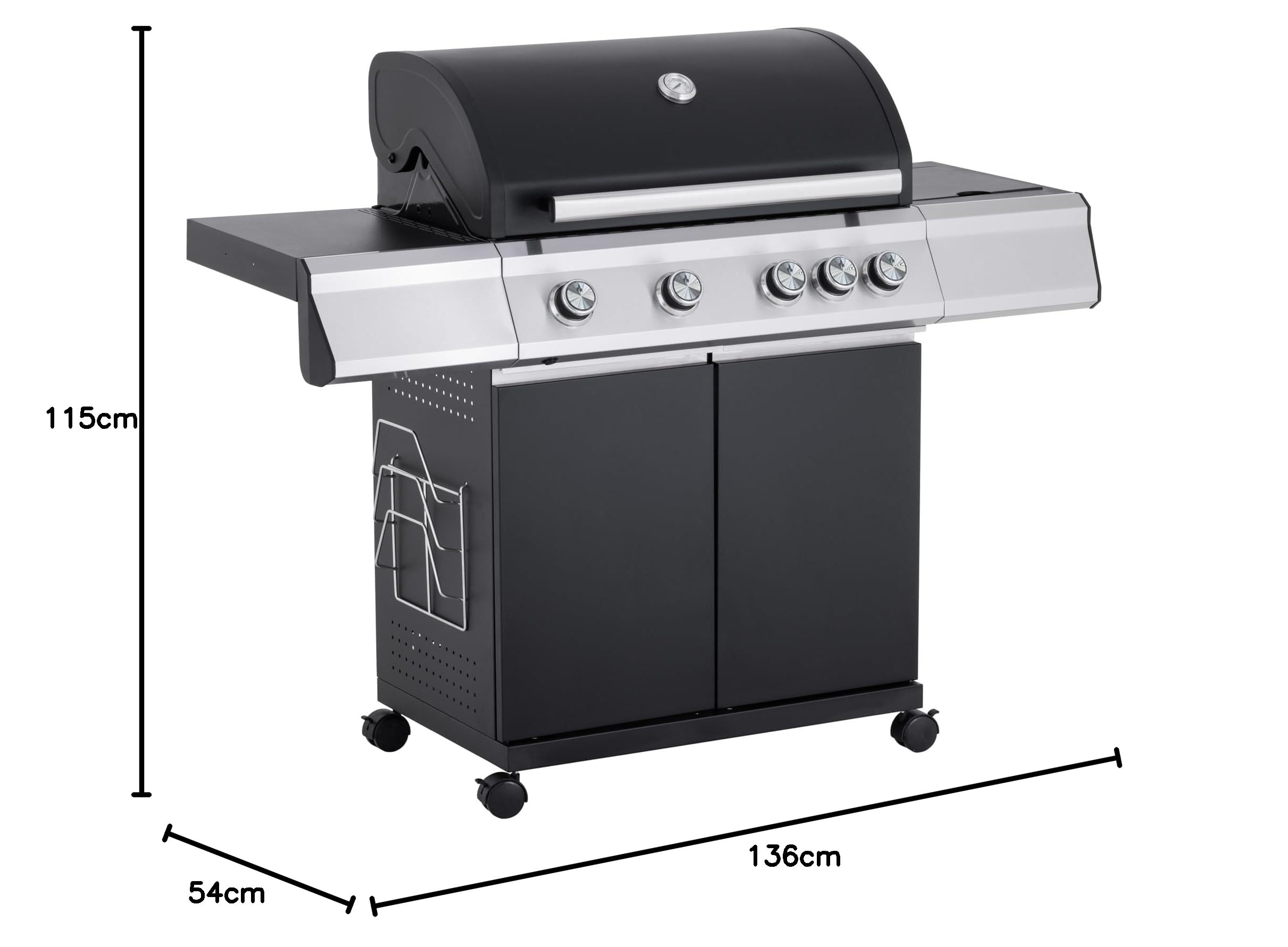 Tarrington House Barbecue à Gaz Paxton, 4 Brûleurs + 1 Latéral, Acier/Acier Inoxydable, 17 kW, Couvercle avec Thermomètre, Table latérale, Allumage électrique, Roulettes, Noir