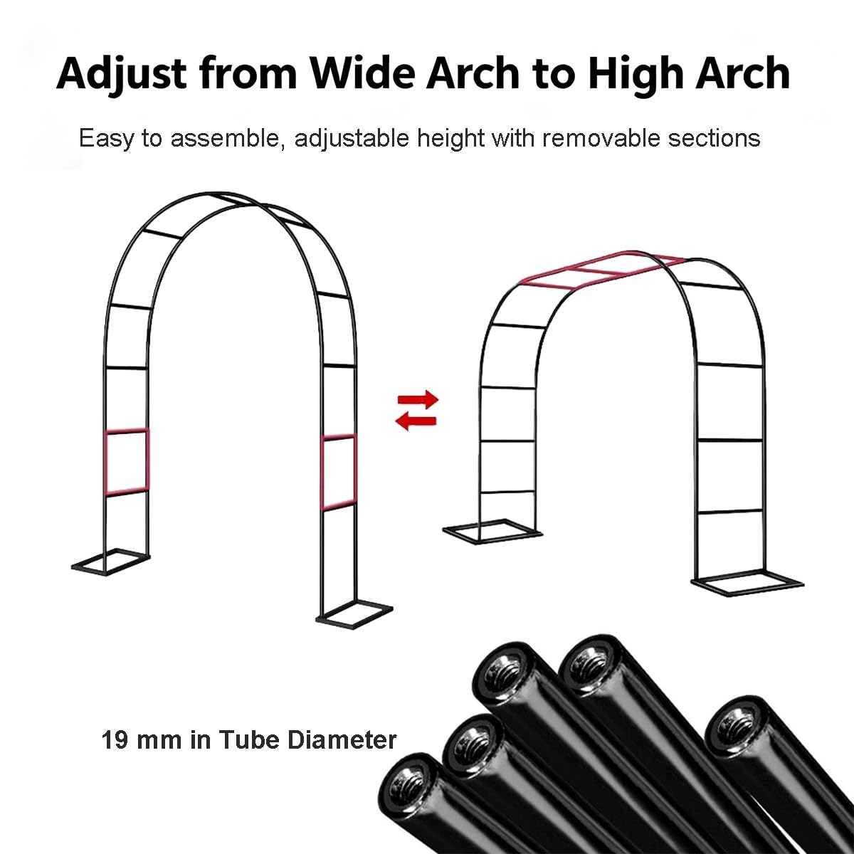 Zewnętrzny łuk ogrodowy krata do roślin pnących, wodoodporna pergola na róże i dekoracje ślubne, zdejmowana podstawa 240 cm wysokości x 240 cm szerokości (czarna)