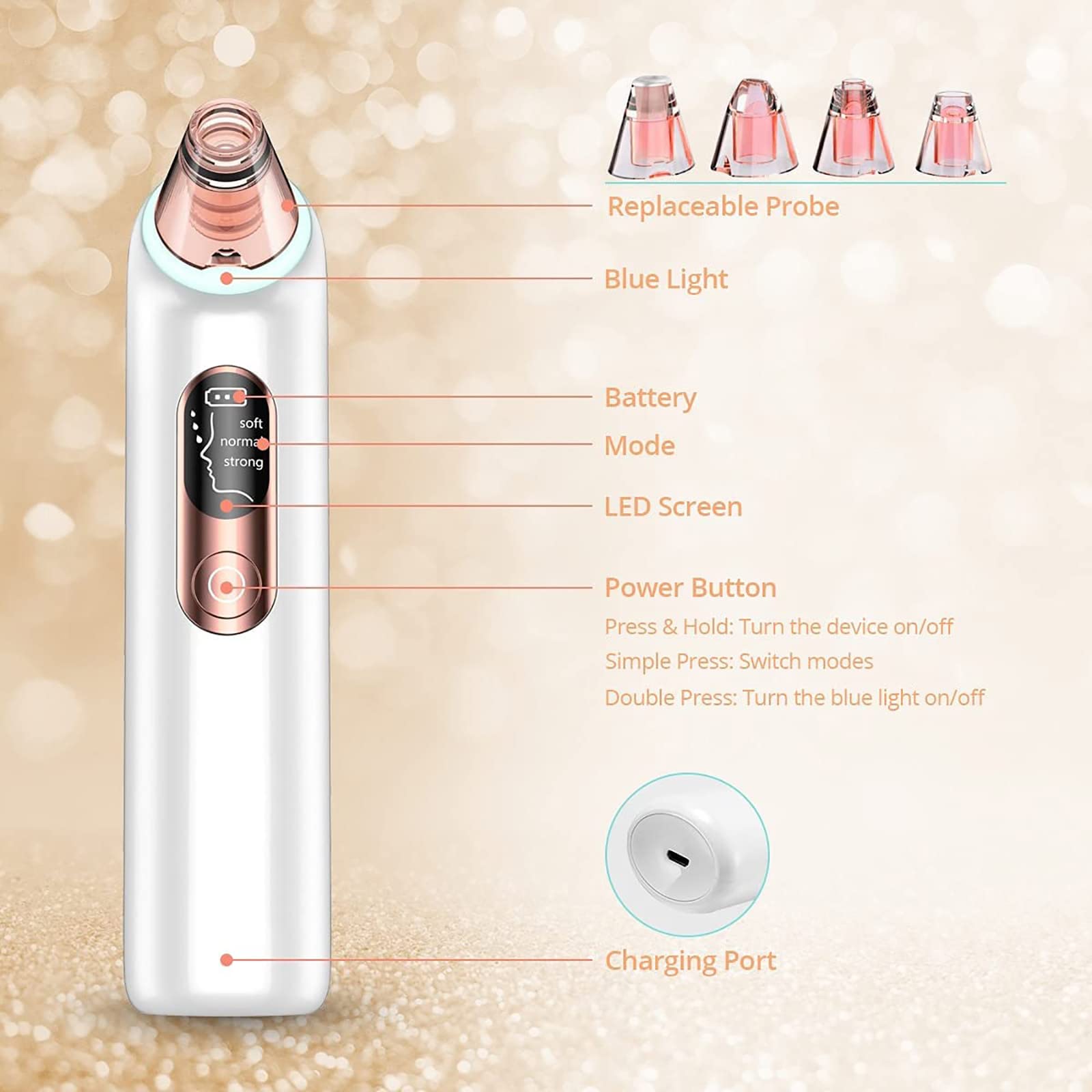Aspirador de poros para eliminar puntos negros, herramienta extractora de puntos blancos, limpiador eléctrico de poros facial, limpiador de poros facial, herramienta de succión de puntos negros,