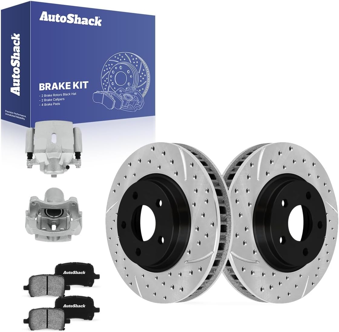AutoShack Front Vented Drilled & Slotted E-Coated Brake Rotors + Ceramic Pads + Calipers 8-PC Brake Kit Replacement for 2004-2012 Chevrolet Malibu 2006-2010 Pontiac G6 ShadowGuard 11.65" (295.8 mm)