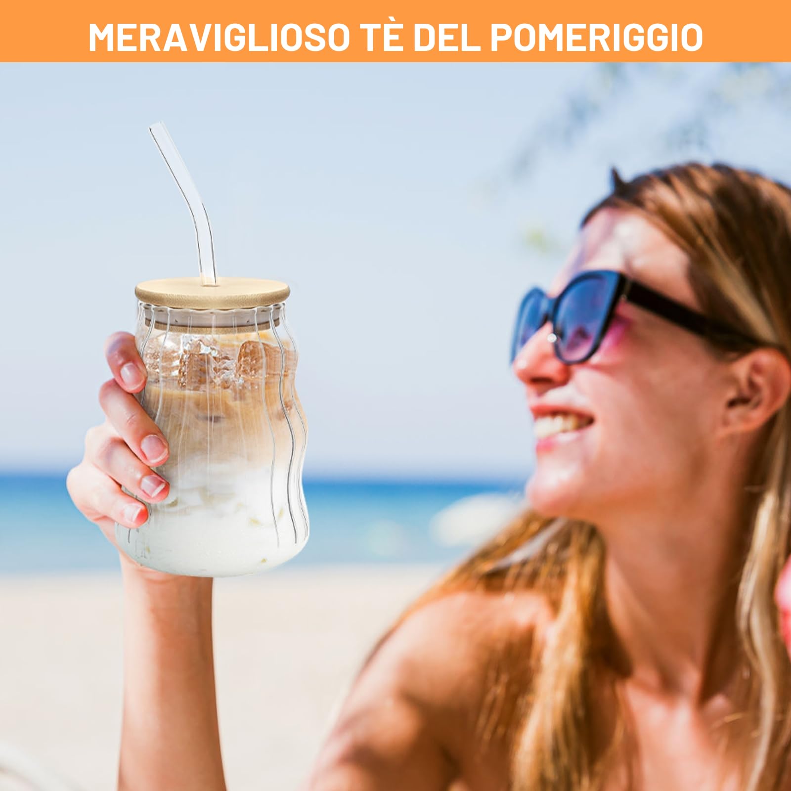 APOMOONS Set di 2 bicchieri con coperchio e cannuccia tazze in vetro a coste caffè ondulato con cannucce trasparenti ghiacciate per acqua, succo di caffè, birra latte