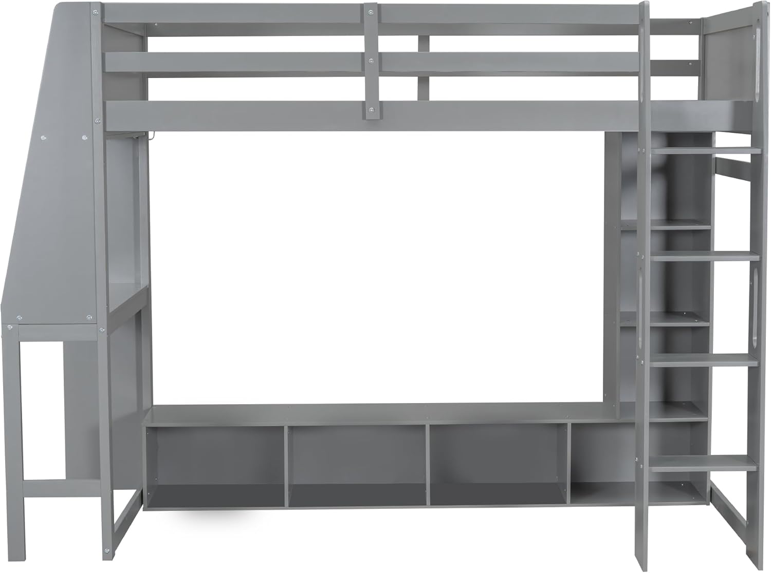 Gaming Loft Bed Twin Size with Desk and Workstation, Wood Loft Bed Frame with Multi-Storage Shelves and a Hanging Clothes Rack, Maximize Space Saving (Twin)